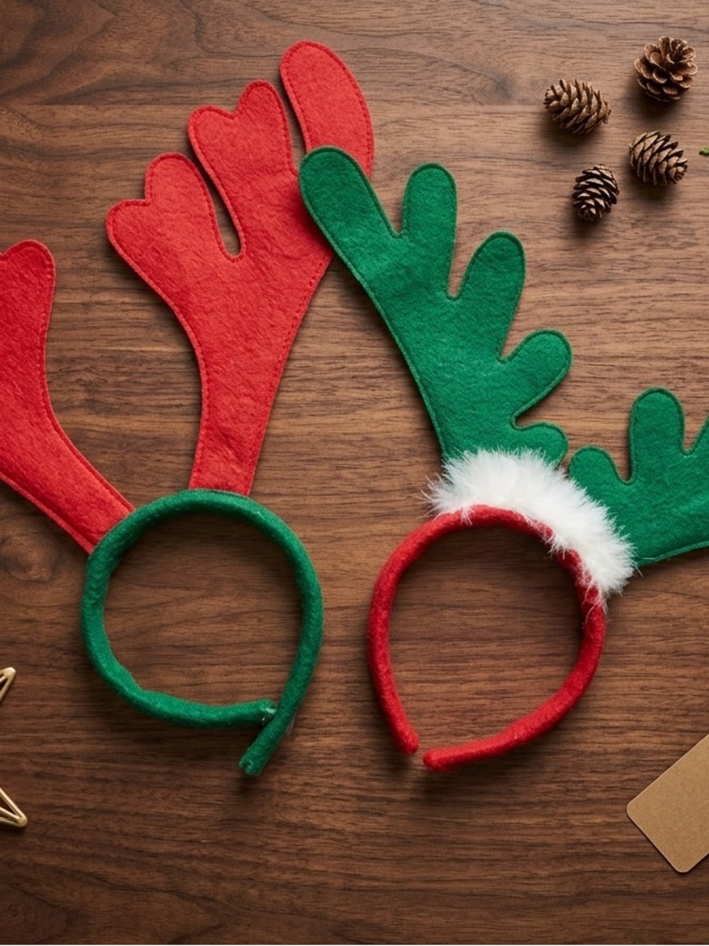 2-Pack Christmas Reindeer Antler Headbands - Red & Green Felt Holiday Hair